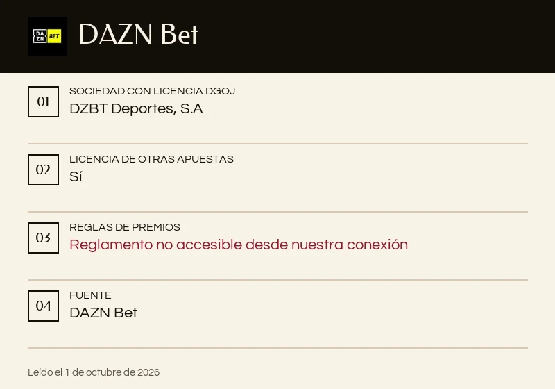 Ficha de DAZN Bet: licencia de otras apuestas y reglas de premios