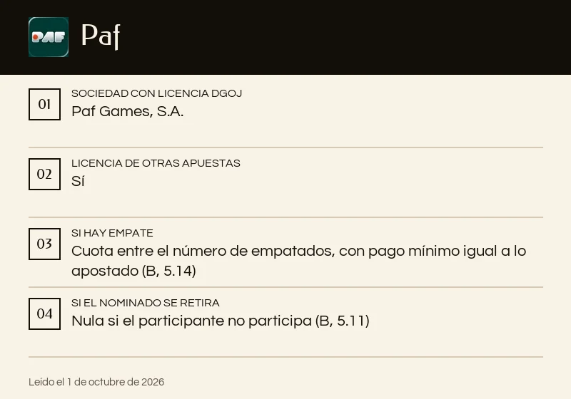 Ficha de Paf: licencia de otras apuestas y reglas de premios