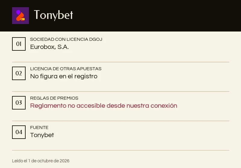 Ficha de Tonybet: licencia de otras apuestas y reglas de premios