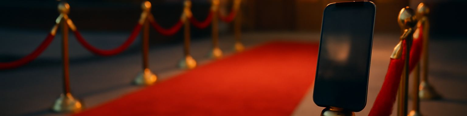Alfombra roja vacía con cordones dorados a la entrada de un teatro al atardecer, imagen de esta comparativa de casas de apuestas para los Oscar